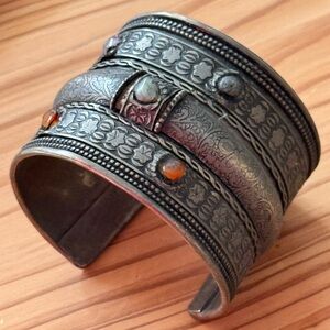Vintage Antique SUDHA Turkoman Turkmen Intricate Silver Tone Cuff Bracelet